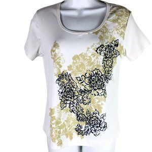 Laura G Vintage Women's Beaded T-Shirt Small Tan & White